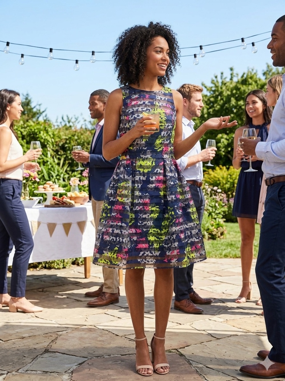 Sleeveless Navy A-Line Floral Print Dress